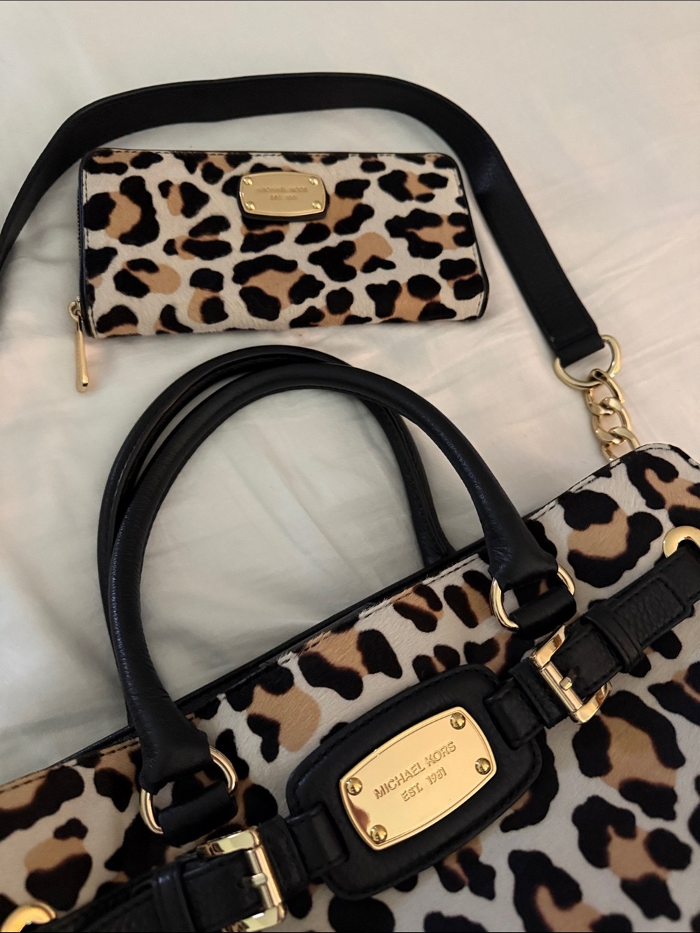 Michael Kors Leopard Print Tote with Matching Wallet - Black, Tan, Cream - Picture 2 of 9